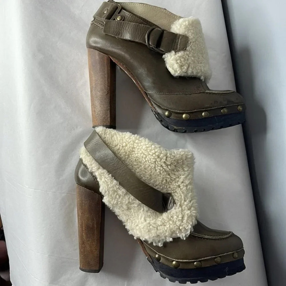 TOPSHOP Unique Sherling Cuff Leather Booties Olive Green Platform Boho Size 8.5 - Picture 10 of 15